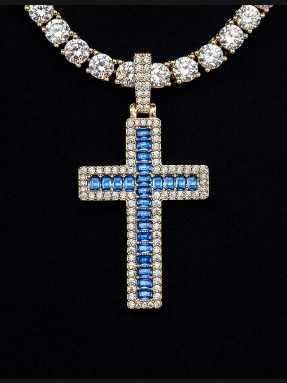 Blue and White Baguette Gold Cross Pendant Men's Jewelry Yellow Gold 18k Plated